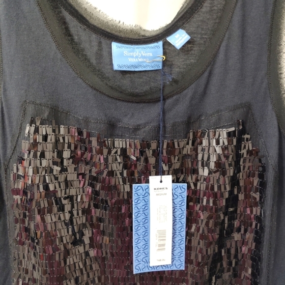 Vera Wang Tank Top Black Sequins Eyelash Lace Edges Cotton Blend Medium M - Picture 3 of 11
